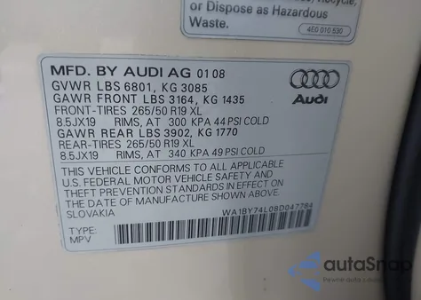 2008 Audi Q7 3.6 Premium z USA, uszkodzony, nr VIN WA1BY74L08D047784